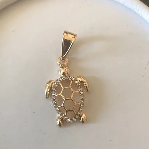 Gold plated turtle Charm with rhinestone with Necklace - Picture 4 of 7